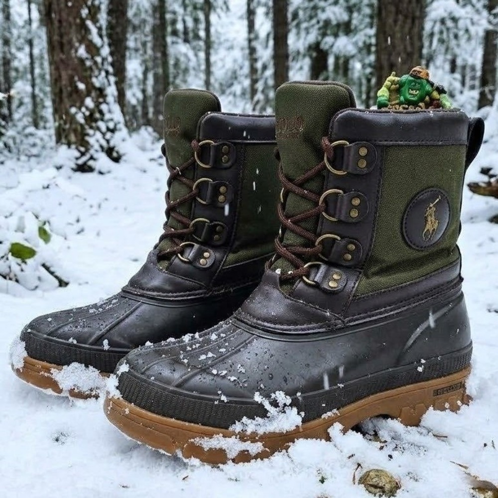 Polo Ralph Lauren Lowen Duck Boots Mens 8D Olive Green Brown Rubber Cordura Up